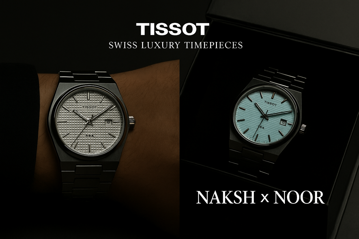 “Tissot luxury watches with silver and sky blue dials, displayed on a dark background with NAKSH X NOOR branding”