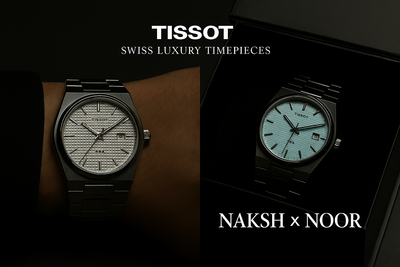 “Tissot luxury watches with silver and sky blue dials, displayed on a dark background with NAKSH X NOOR branding”