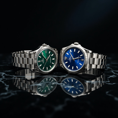 Two Rolex luxury watches — one with a striking blue dial worn on the wrist, and the other with a green dial showcased elegantly on a dark premium backdrop, under NAKSH X NOOR branding.”